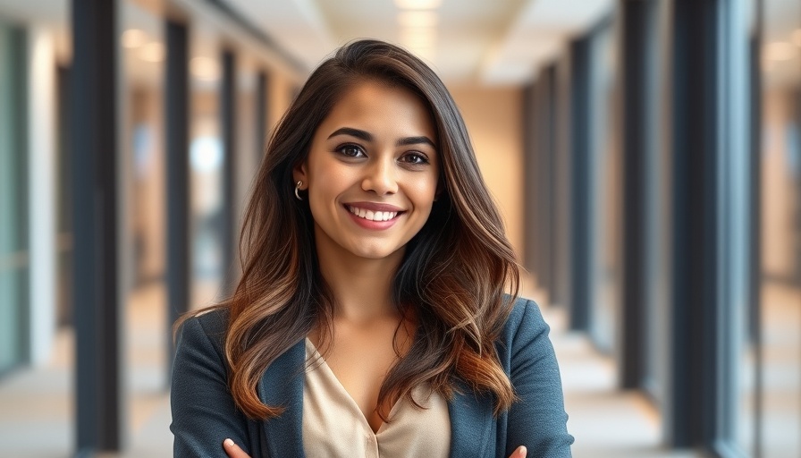 Confident woman in modern office, smiling gracefully.