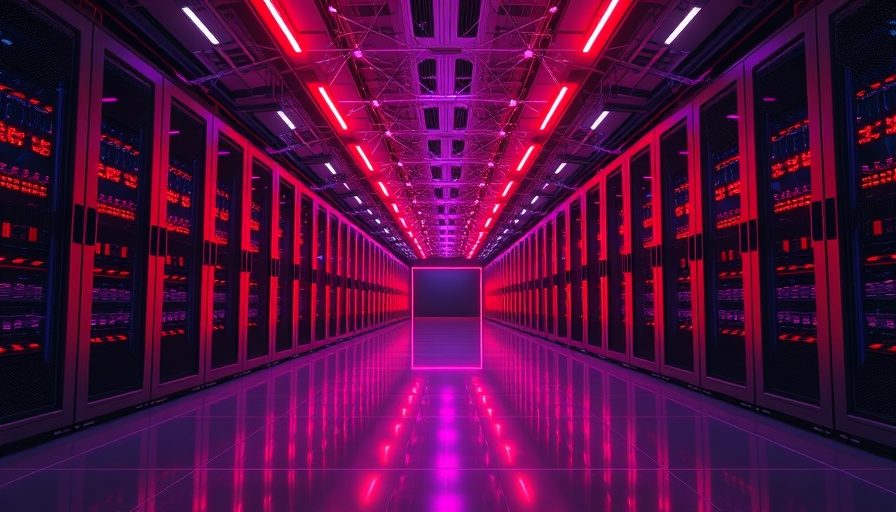 Futuristic data center with red and purple lighting visualizing AI power usage.