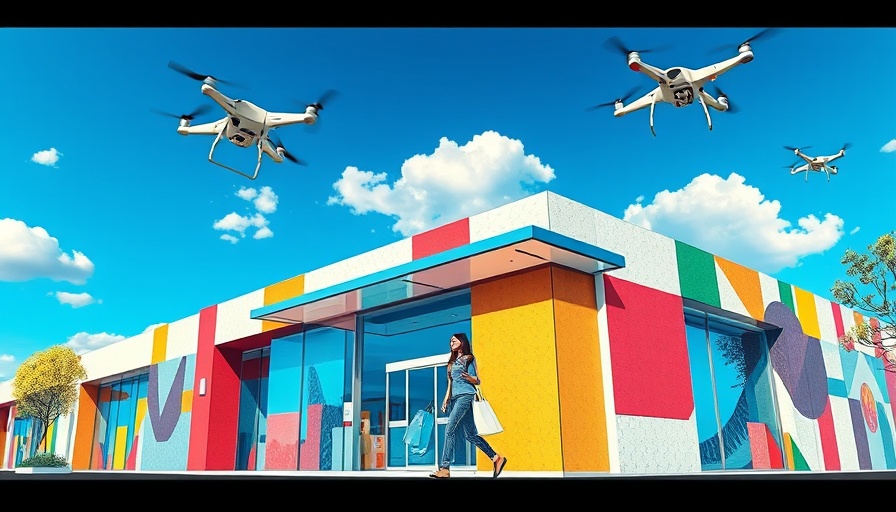 Drone technology in retail security with a shopper and store facade.