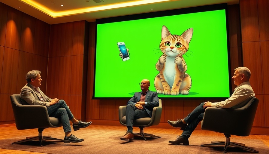 Panel discussion in front of a futuristic cat graphic at tech conference.