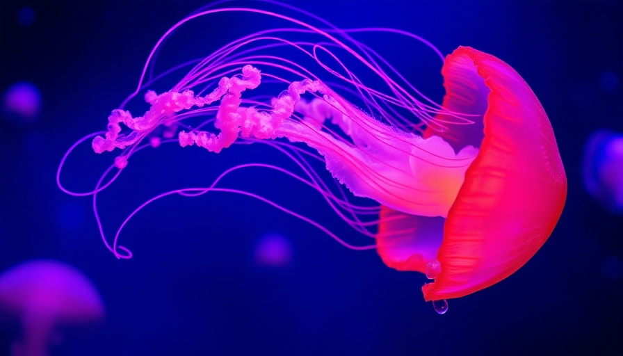 Glowing luminescent jellyfish in vibrant underwater scene.