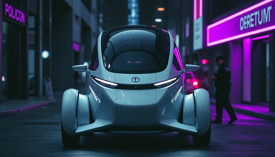 Futuristic autonomous car in police encounter, highlighted in purple neon.