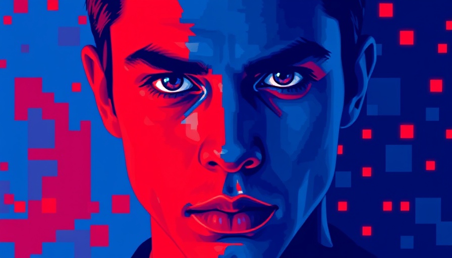 Abstract digital art portrait of a person with intense gaze in blue and red.