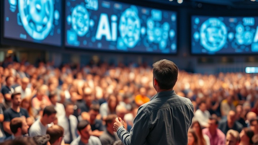 Male speaker presenting AI technology to a captivated audience on stage.