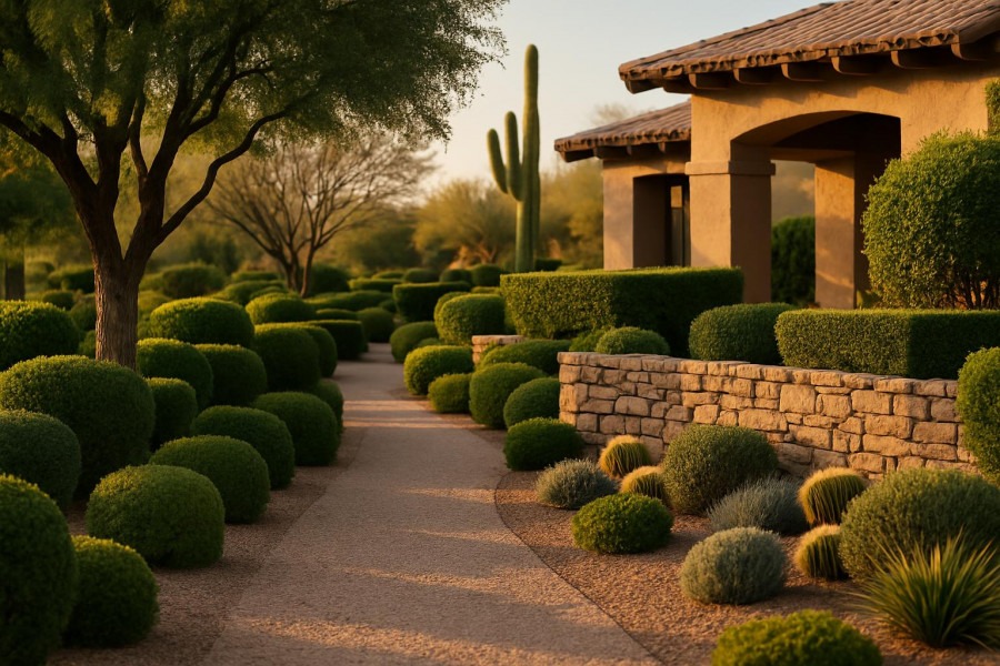 Traditional landscape architecture in Arizona with gravel paths and classic greens
