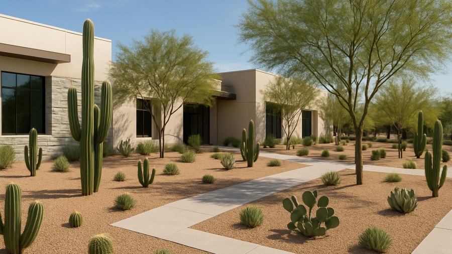 Beautiful commercial landscape design featuring sparse native cacti and trees.