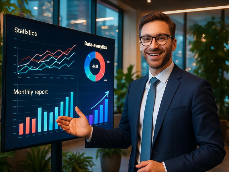 White male in professional dress presenting data analytics in an urban innovation hub.
