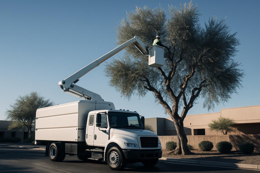 Commercial tree trimming in Mesa, Arizona, showcasing sleek metallic hues in crisp morning light.