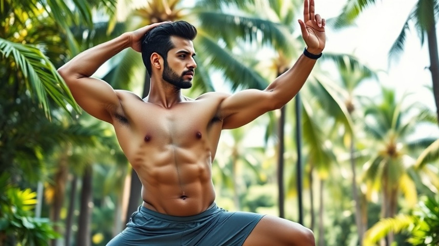 30 Min Power Yoga Flow in tropical park, muscular man in pose.