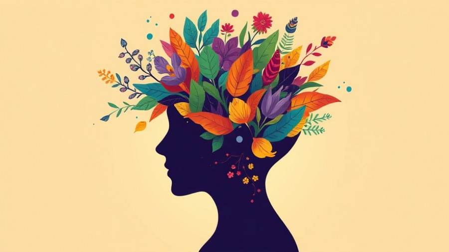 Mindful abstract illustration of vibrant plants emerging from silhouette.