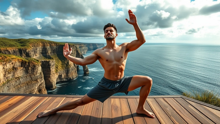 Daily yoga for flexibility on a sunny seaside deck.