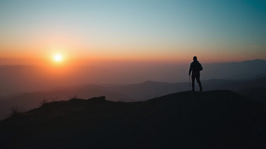Silhouette of a person hiking at sunrise, representing mindfulness.