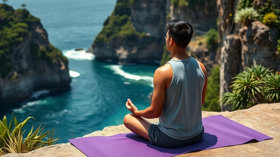Man practicing mindfulness meditation outdoors by the sea.