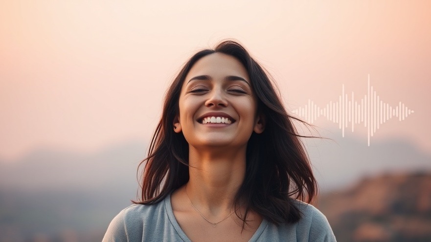 Motivational meditation image with a smiling woman promoting stability.