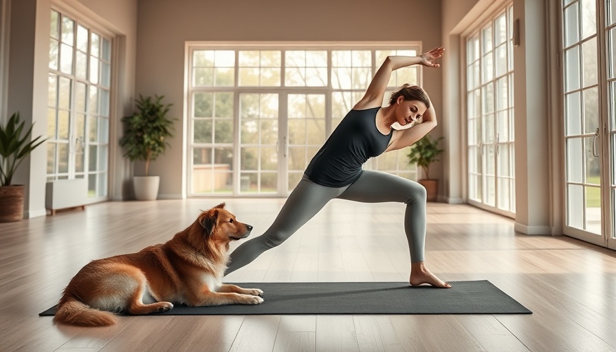 Vitality Yoga: Woman practicing yoga indoors with dog beside.