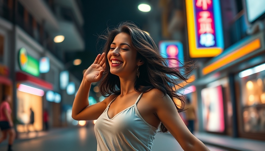 Woman expressing joy in dance at night, colorful city street scene.