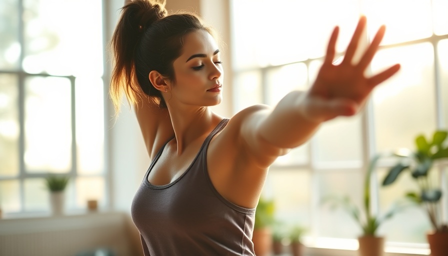 Upper body yoga routine demonstrated by woman in sunlit room.