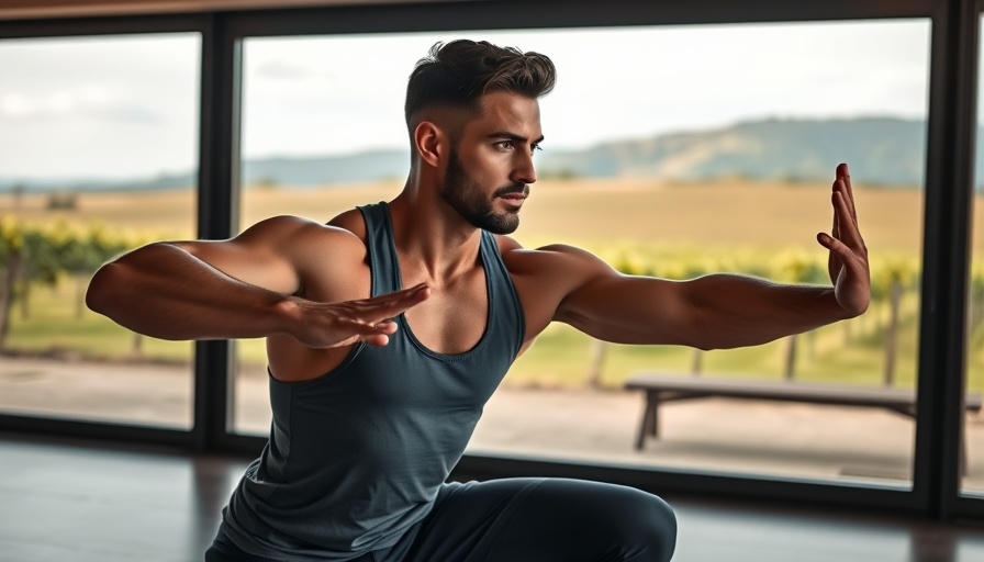 Athletic man in yoga pose during morning yoga flow routine.