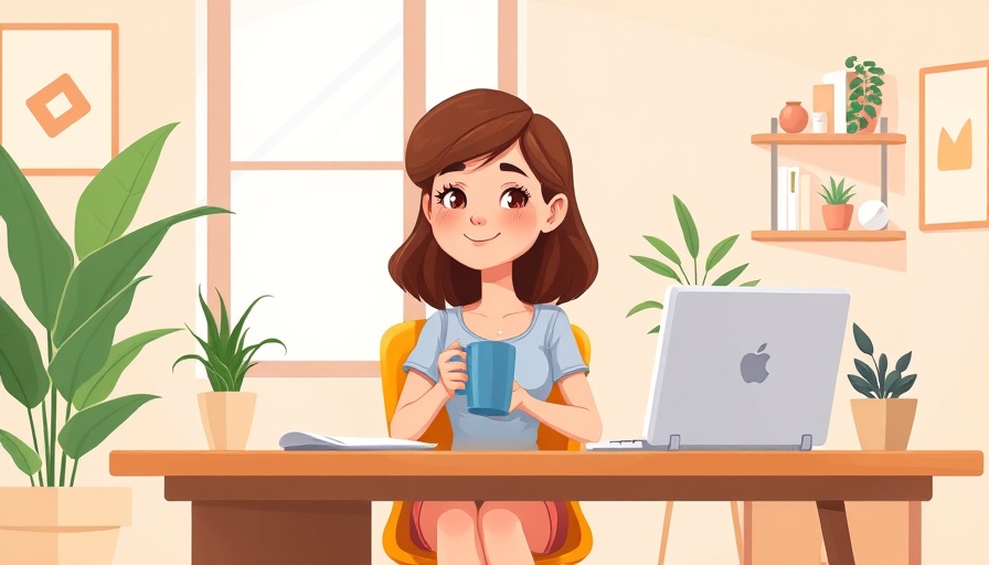 Colorful cartoon of a woman meditating at her desk with plants and laptop.