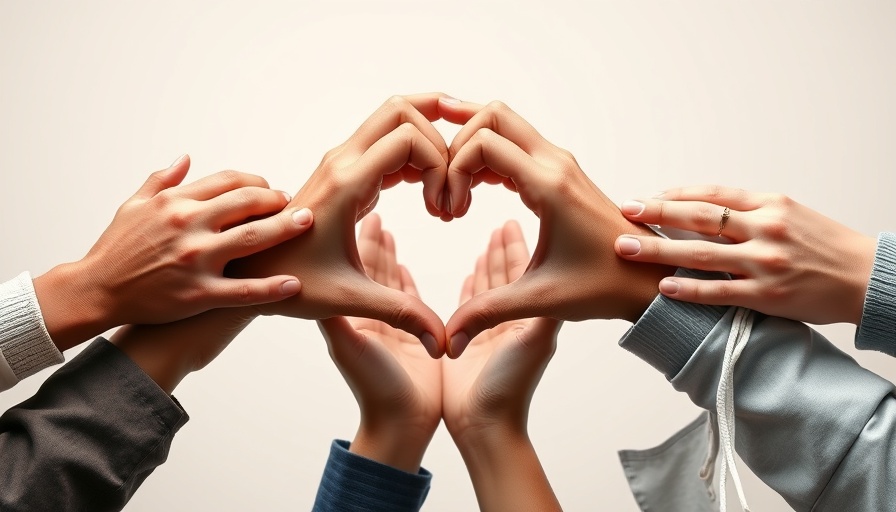 Diverse hands form a heart unity symbol.