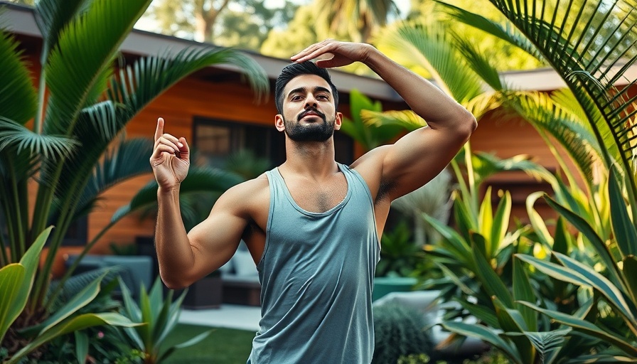 Man performing yoga for mobility and posture in a garden setting.