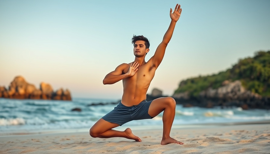 Morning yoga flow on beach, man practicing in serene setting.