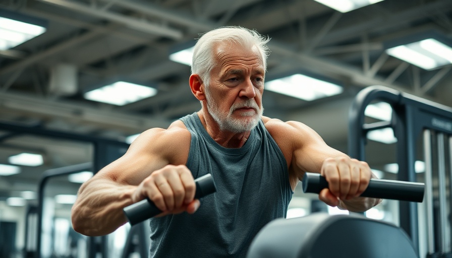 Older man strength training in gym for distress relief.