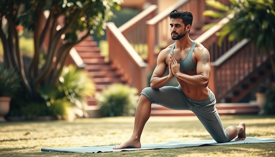 Yoga practitioner in outdoor garden setting performing a yoga pose.