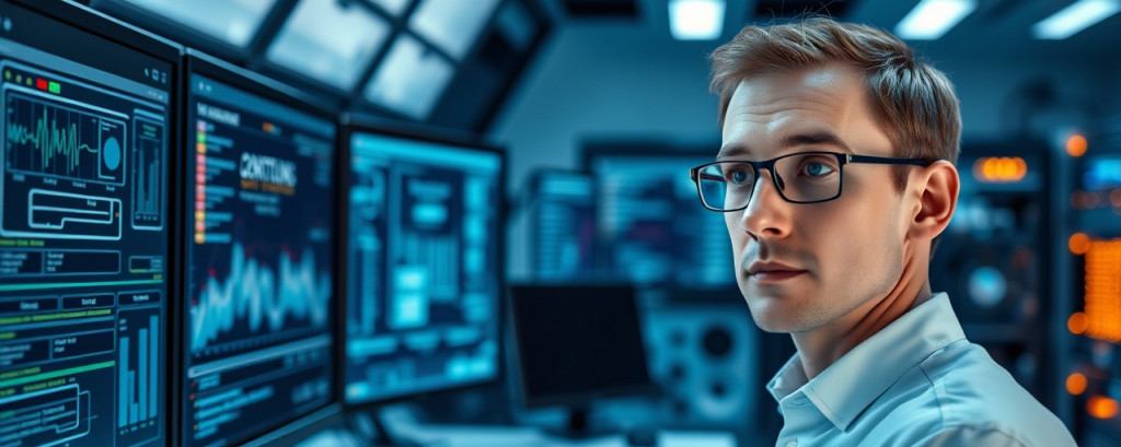 innovative AI analysis, curious expression, examining complex algorithms, photorealistic, high-tech lab with advanced computer systems and virtual screens, highly detailed, dynamic visualizations, crisp resolution, navy blue and white, dramatic lighting, shot with a 50mm lens.
