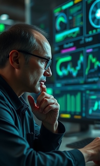 innovative digital AI planner, deep in thought, designing a marketing campaign, photorealistic, sleek workspace filled with technology, highly detailed, scrolling holograms and digital charts, HDR, emerald and charcoal colors, diffused light source, shot with a 35mm prime lens.