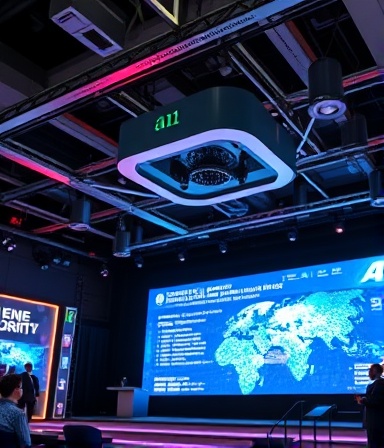 high-tech AI technology showcase, enthusiastic presentation, unveiling a new marketing tool, photorealistic, convention hall with futuristic decor, highly detailed, LED screens and interactive demonstrations, high resolution, metallic and neon accents, stage spotlights, shot with a 24mm lens.