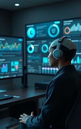 intelligent marketing AI assistant, friendly interaction, analyzing customer data, photorealistic, futuristic home office with virtual screens, highly detailed, AI visualizations and personalized dashboards, UHD, teal and matte black, natural daylighting, shot with a macro lens.
