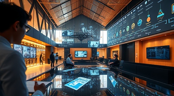 next-gen AI in marketing innovation center, focused collaboration, developing breakthrough solutions, photorealistic, architecturally innovative building with open spaces, highly detailed, AI-enhanced tools and touchscreens, seamless workflow visuals, 6k resolution, contrasting warm tones, ambient overhead lights, shot with a portrait lens.