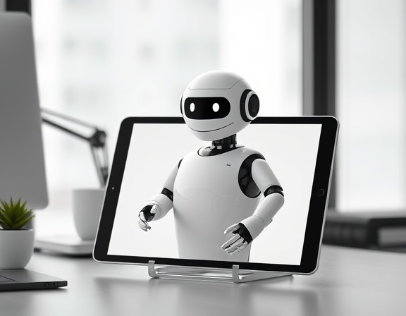 minimalist chatbot design, sleek and user-friendly, providing assistance on a tablet, photorealistic, minimalist office desk environment with smart devices, highly detailed, subtle digital animations, 4K resolution, monochrome color, soft natural light, shot with a macro lens