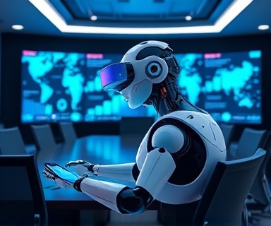 cutting-edge digital chatbot, innovative and efficient, facilitating transactions, photorealistic, operating in a high-tech conference room with virtual reality displays, highly detailed, dynamic 3D interface elements, 8K resolution, neon color palette, bright LED lighting, shot with a 24-70mm lens