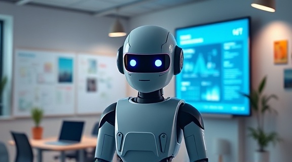 intelligent chatbot interface, simple yet powerful, guiding through options, photorealistic, set in a modern co-working space with digital boards, highly detailed, animated UI components, high resolution, cool pastel colors, diffused lighting, shot with a 28mm lens