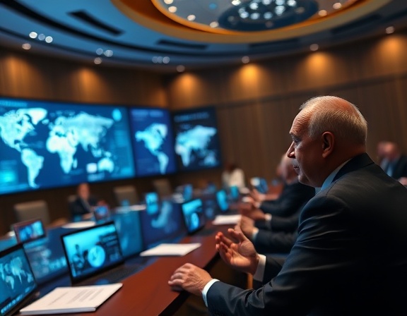 trailblazing AI development, intense expression, negotiating AI ethics, photorealistic, summit meeting room with global leaders, highly detailed, holographic presentation screens, panoramic view, rich and bold colors, soft spotlighting, shot with a 50mm lens.