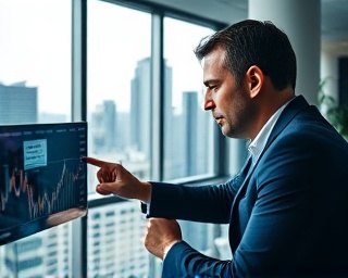 focused CMO business, analytical expression, analyzing data charts, photorealistic, conference room with a city view, highly detailed, moving charts on a digital display, crisp clarity, bright overhead lighting, shot with a 35mm lens.