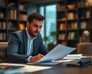insightful CMO strategy, thoughtful expression, drafting a marketing plan, photorealistic, spacious office with bookshelves, highly detailed, papers scattered on desk, bokeh effect, moody lighting, shot with a 85mm lens.