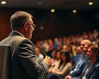 enthusiastic CMO marketing, engaging expression, presenting at a seminar, photorealistic, auditorium with an audience, highly detailed, moving audience reactions, vivid colors, stage lighting, shot with a 24mm lens.