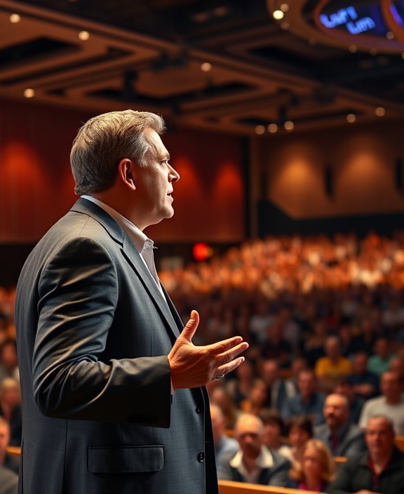 charismatic CMO strategy, inspiring expression, delivering a keynote speech, photorealistic, large conference hall with a vibrant crowd, highly detailed, animated gestures, warm tones, spotlight effect, shot with a 70mm lens.