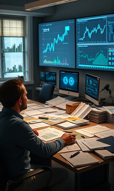 insightful data insights, contemplative, revealing trends, photorealistic, modern workspace cluttered with papers and screens, highly detailed, projected data graphs, 4K resolution, neutral colors, natural lighting, shot with a Nikon AF-S DX NIKKOR 35mm f/1.8G lens.