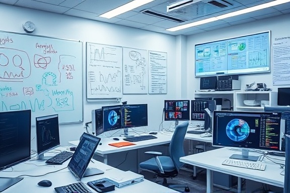 cutting-edge analysis tools, innovative, creating algorithms, photorealistic, tech lab with whiteboard sketches and computer configurations, highly detailed, moving graphics interfaces, 16K resolution, white and silver, fluorescent lighting, shot with a Panasonic Lumix G 25mm f/1.7 ASPH. lens.
