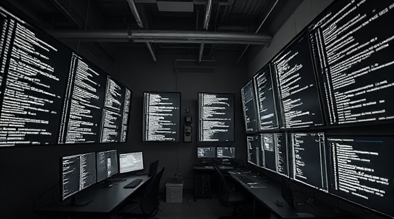 advanced machine learning, curious, building neural networks, photorealistic, urban loft with wall-sized monitors displaying code, highly detailed, cascading code streams, high dynamic range, monochrome, diffused natural light, shot with a Sigma 30mm F1.4 DC DN lens.