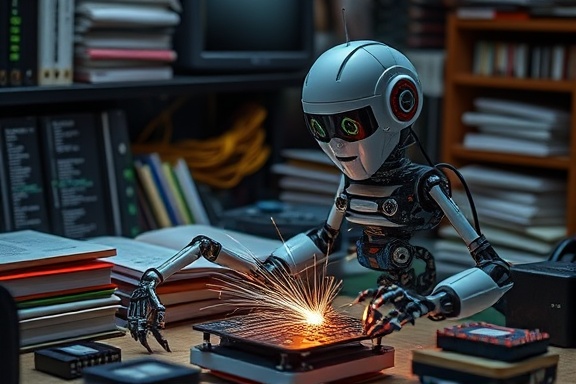 compact bot development, focused, calibrating sensors, photorealistic, surrounded by coding books and circuit boards on a workbench, highly detailed, sparks flying from soldering, 8k resolution, vibrant multicolor, ambient lighting, shot with a 85mm lens.
