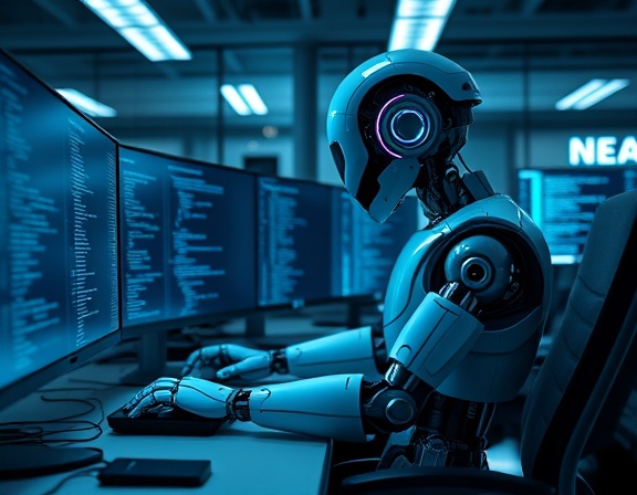 sleek bot coding, diligent, integrating AI modules, photorealistic, in a modern office with multiple monitors displaying code, highly detailed, wires and devices scattered, 6k resolution, monochrome blue tones, soft lighting, shot with a 35mm lens.