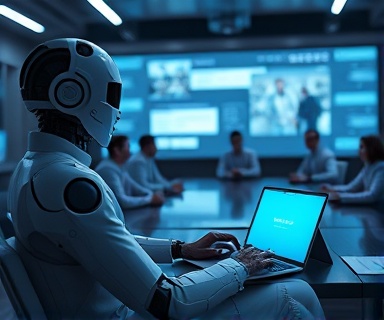 futuristic AI chatbot, engaging, processing a person's queries, photorealistic, seated in a virtual conference room, highly detailed, virtual avatars populate the scene, 5k resolution, holographic glow, spot lighting, shot with a 24mm lens.