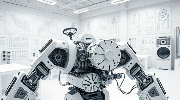 mechanized bot development, precise, assembling intricate circuits, photorealistic, inside a minimalist studio filled with blueprints, highly detailed, mechanical parts in motion, 4k resolution, white and metal gray, overhead lighting, shot with a 70-200mm lens.