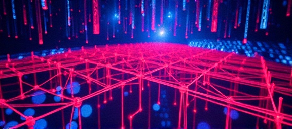 pioneering AI programming, imaginative, designing neural networks, photorealistic, within a realm of abstract digital art forms, highly detailed, floating algorithms, ultra high-definition, vibrant reds and blues, side lighting, shot with a fisheye lens.