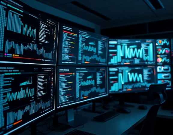 innovative AI interface, focused, analyzing data patterns, photorealistic, modern tech office with multi-monitor setups, highly detailed, interactive data streams, crisp resolution, monochrome, ambient tech lighting, shot with a wide-angle lens.